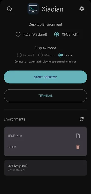 A Xiaoian kezdőképernyője: asztali környezet és kijelzőmód választása, Start Desktop és Terminal gomb, a telepített környezetek listája